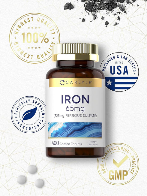Carlyle Iron Ferrous Sulfate 65 mg | 400 Tablets | Non-GMO, Gluten Free, Vegetarian High Potency Supplement