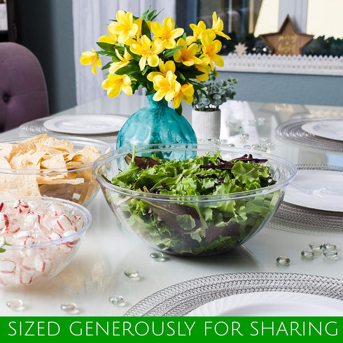 PLASTICPRO Disposable Round Crystal Clear Serving Bowls, 48 OUNCE for Party Snack or Salad