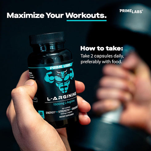 Prime Labs L Arginine Nitric Oxide - 1500mg L-Arginine - Supports Blood Flow, Energy, Strength, Endurance - 60 Capsules