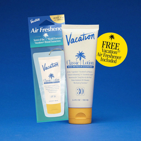Vacation Classic Sunscreen Lotion SPF 30 + Air Freshener Bundle, Water Resistant, Vegan, 3.4 Fl. Oz.