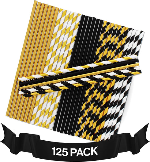 Black and Gold Straws, Biodegradable Disposable Paper Straw Pack for Party Decorations, 125 Count