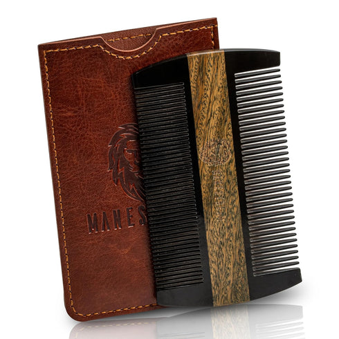 Premium Natural Ox Horn and Sandalwood Beard Comb, Dual-Action, Double Sided with Brown Protective Case