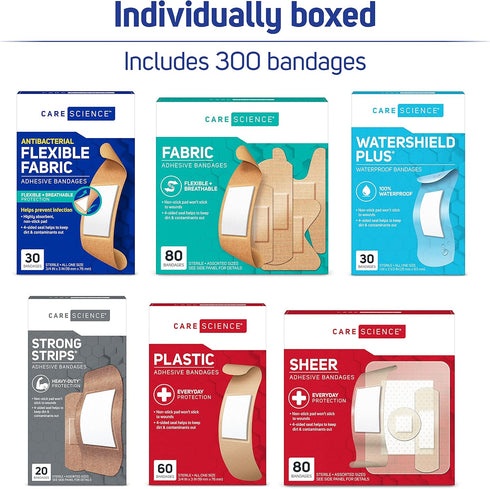 Care Science Variety Bandages Pack, 300 ct Bulk Assorted Sizes for First Aid, Waterproof, Heavy-Duty