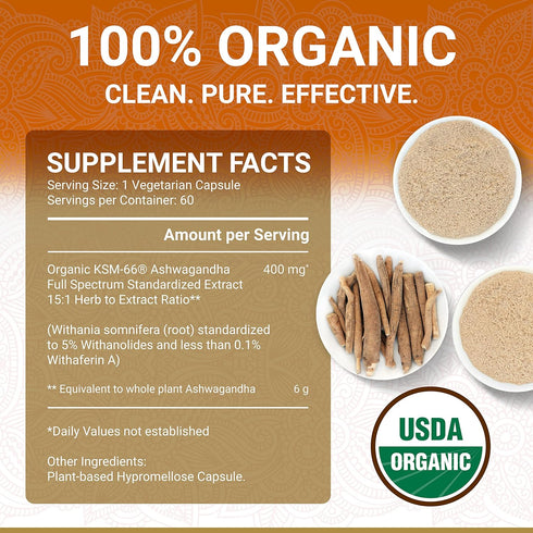 KSM-66 Ashwagandha Supplements | USDA Organic Ashwagandha KSM 66 | Organic Ashwagandha Capsules | 60 Capsules