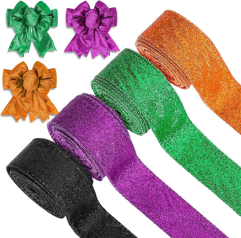 Whaline 40 Yards Halloween Glitter Wired Ribbon, Green, Orange, Purple, Black