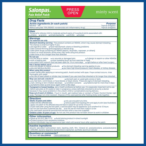 Salonpas Pain Relief Patch, 20 Count, Temporary Relief of Mild to Moderate Pain, Backache, Sore Muscle, Sprains
