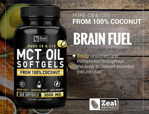 Pure MCT Oil Capsules - 360 Softgels | 3000mg, 4 Month Supply Keto Pills w Unrefined Coconut