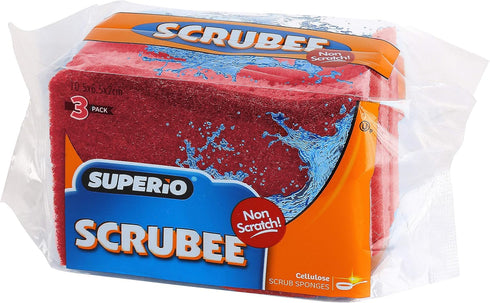 Superio Non-Scratch Cellulose Kitchen Scrub Sponges with Scouring Pad Set, Pack of 3, Red/Pink