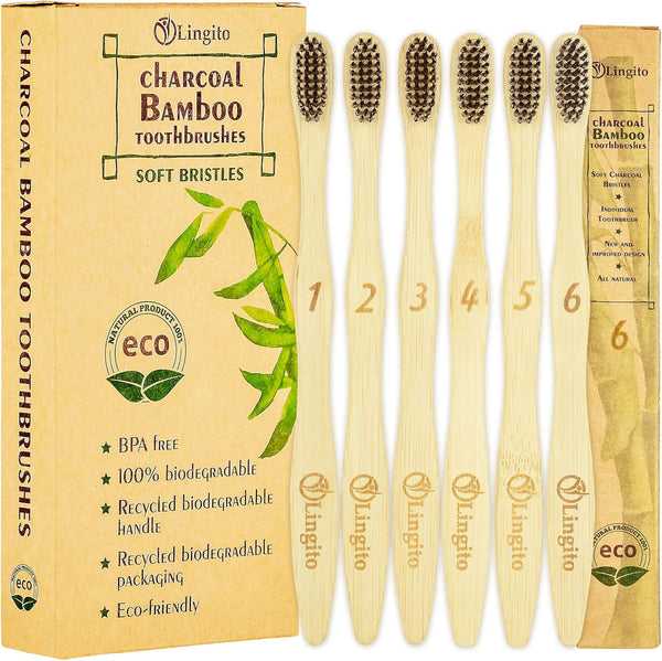 Lingito 6-Pack Natural Charcoal Bamboo Toothbrushes, BPA Free Soft Bristles, Eco Friendly & Vegan