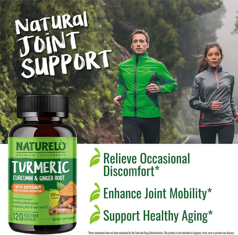 NATURELO Turmeric Curcumin with BioPerine for Better Absorption - Plant-Based Joint Discomfort Support - 120 Vegan