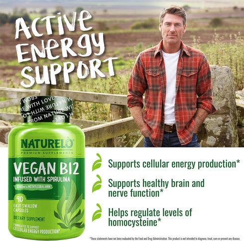 NATURELO Vegan B12 - High Potency Methyl B12 1000 mcg with Organic Spirulina - Supports Mood, Energy, Heart & Eye