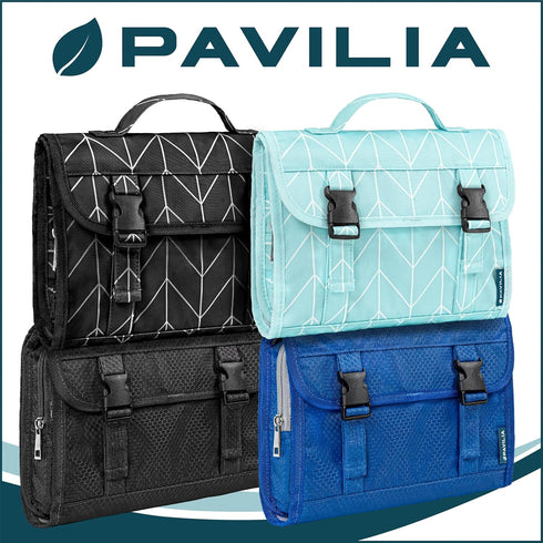 PAVILIA Travel Hanging Toiletry Bag for Women Men, Large Capacity Waterproof Cosmetic Storage Organizer (Black Chevron)
