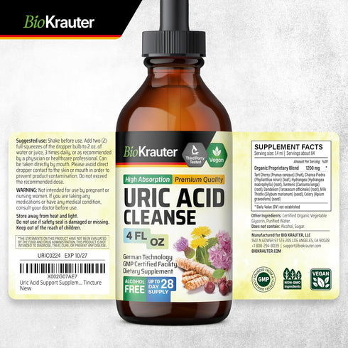 BIO KRAUTER Uric Acid Support Tincture, Natural Kidney Supplement with Tart Cherry, Milk Thistle, Turmeric, Vegan Drops