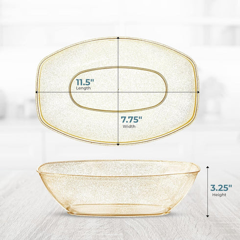 Posh Setting Disposable Oval Serving Bowls, Gold Glitter Plastic Serving Bowls, 4 Pack, 72 Ounce Heavy Duty Party Bowl