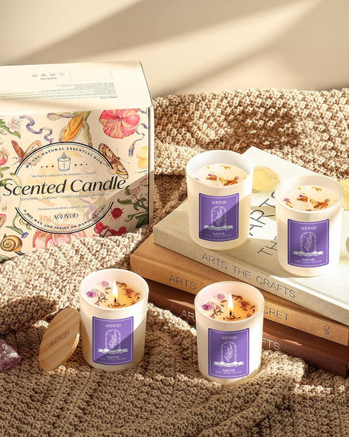 Set 4 Pack 28 oz 200 AOOVOO Lavender Candles for Women - Candles for Home Scented, Aromatherapy Candle with Crystals