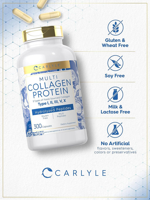 Carlyle Multi Collagen Protein Capsules 2000mg | 300 Count | Type I, II, III, V, X | Gluten Free