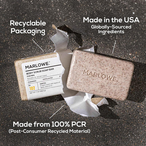 MARLOWE. No. 102 Body Scrub Soap 7 oz, Santal, Exfoliating Soap Bar with Shea Butter, Olive Oil & Green Tea