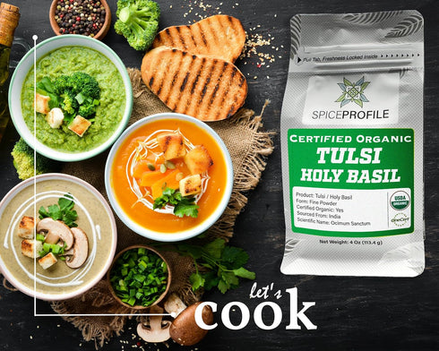 Spice Profile Organic Holy Basil Powder - USDA Certified, Resealable 4oz Pouch for Vitality and Wellness
