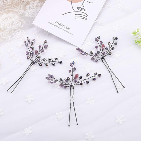 Kercisbeauty Purple Beaded Hair Pins - Pack of 3 Bridal Accessories for Wedding, Prom, Evening Party, Violet Hair Piece