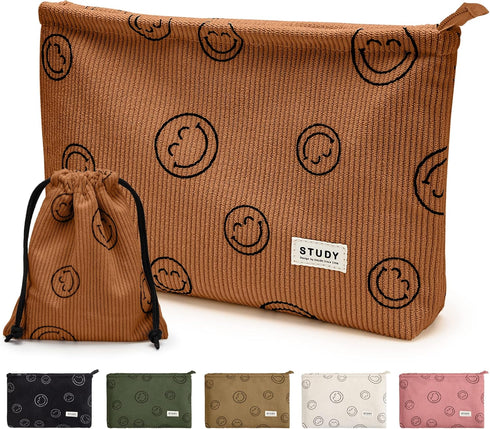WLLWOO Makeup Bag-2pcs Smile Face Corduroy Cosmetic Bag, Waterproof Pencil Case Coin Purse for Women Travel Toiletry