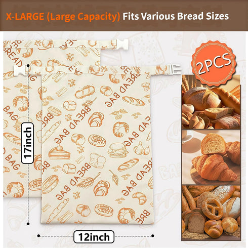 Hiketry 2 Pack Extra Large Beeswax Bread Bags for Sourdough & Homemade Bread, Reusable Cotton Bread Storage Bags