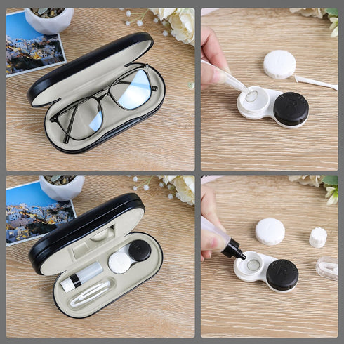 2 in 1 Contact Lens Case and Glasses Case, Double Sided Design with Mirror & Tweezer, Portable Kit
