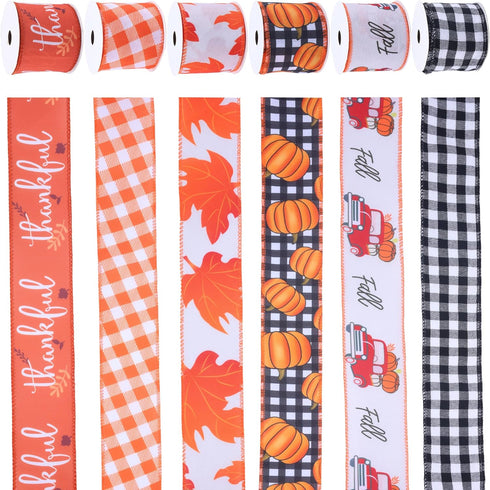 VATIN Fall Wired Ribbon 2.5 inch X 90 Feet, Buffalo Plaid/Pumpkin/Maple Leaves/Truck/Thankful Pattern Burlap Ribbon, Fall Thanksgiving Theme Ribbon for Wreath Bows Autumn Thanksgiving Decor