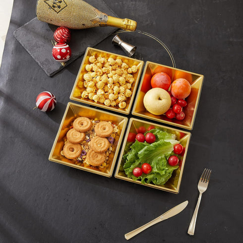 N9R 50 Count Gold Square Plastic Serving Bowls, 12 oz Disposable Bowls for Candy, Salad, Perfect for Parties