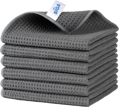 MR.SIGA Waffle Pattern Cleaning Cloths, Reusable Absorbent Microfiber Kitchen Towels, 6 Pack, Gray