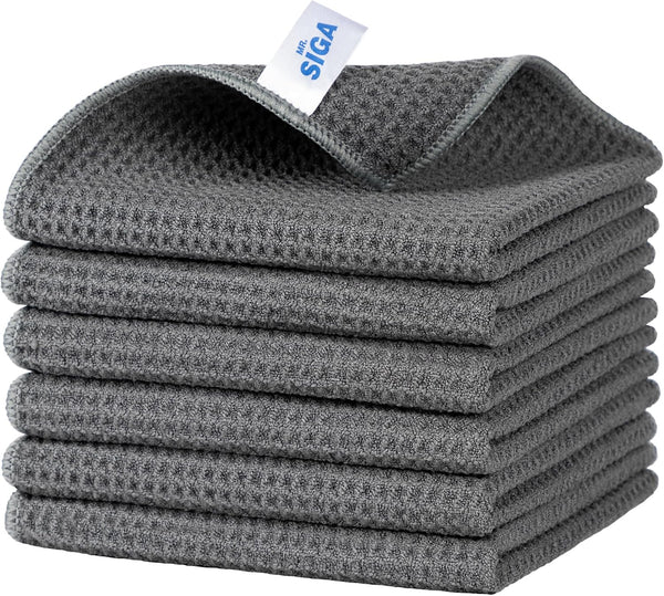 MR.SIGA Waffle Pattern Cleaning Cloths, Reusable Absorbent Microfiber Kitchen Towels, 6 Pack, Gray
