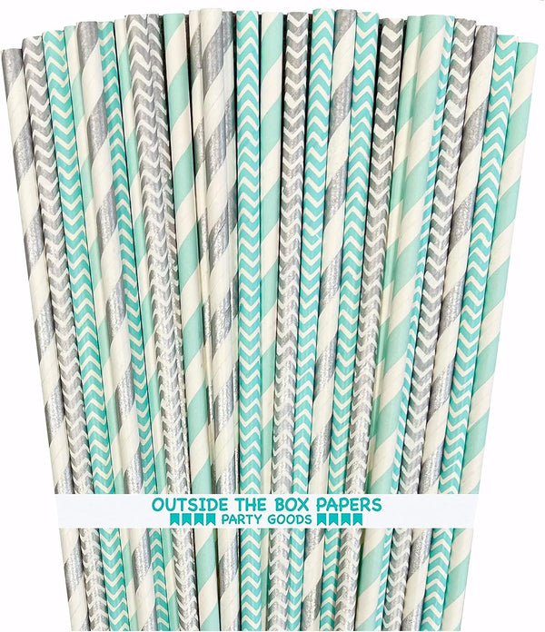 Outside the Box Papers Light Blue and Silver Stripe and Chevron Paper Straws, 7.75 Inches, 100 Pack