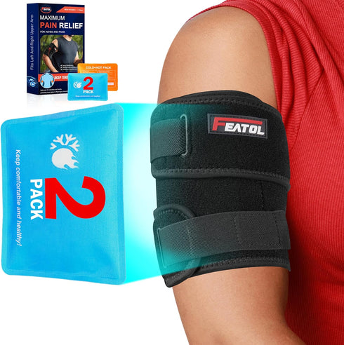 FEATOL Bicep Tendonitis Brace with 2 Gel Ice Packs, Upper Arm Brace Tricep Compression Sleeve Support for Hot & Cold