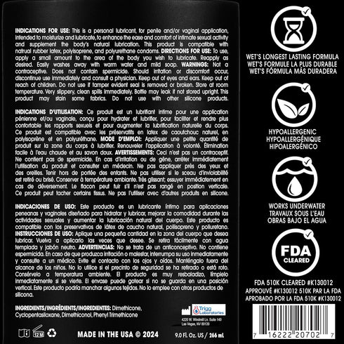 Wet Platinum Silicone-Based Personal Lubricant, 9 fl oz, Ultra Smooth, Waterproof Formula