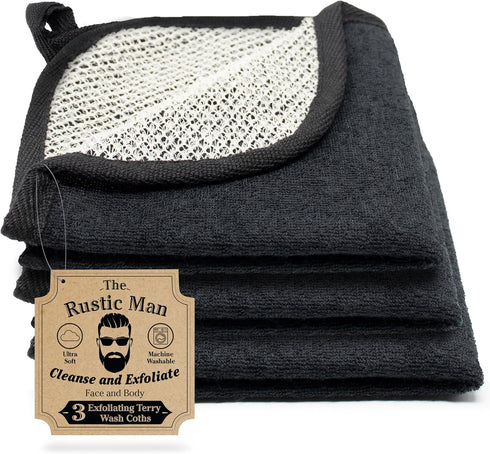 Terry Wash Cloths for Face and Body, Dual-Sided Cleansing and Exfoliating Washcloths, Black, 3 Count