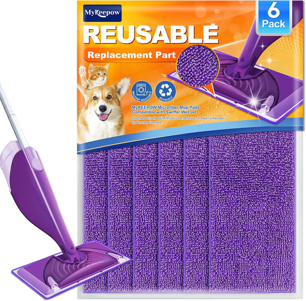 Reusable Mop Pads for Swiffer WetJet Mop, MyKEEPOW Microfiber Wet Jet Refills, 6 Pack, Purple (Mop Not Included)