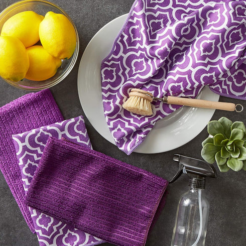 DII Cleaning Collection Multi-Purpose Microfiber Dishtowel Set, Eggplant Lattice