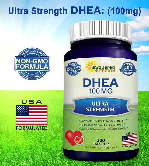 DHEA 100mg Max Strength, 200 Capsules for Balanced Hormone Levels, Natural Supplement for Metabolism, Libido, Brain,