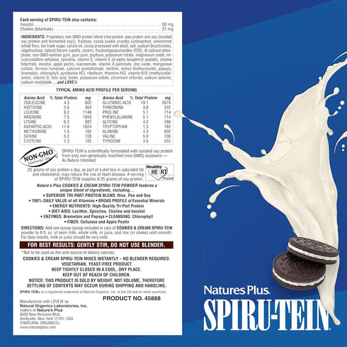 Natures Plus SPIRU-TEIN Shake - Cookies & Cream - 2.3 lbs, Plant Based Meal Replacement, 30 Servings