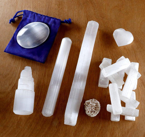 DANCING BEAR Selenite Protection Collection (22 pc Set): 12-15 Sticks (1.5-2”), Palm Stone, Heart, Tower, 8" Stick,