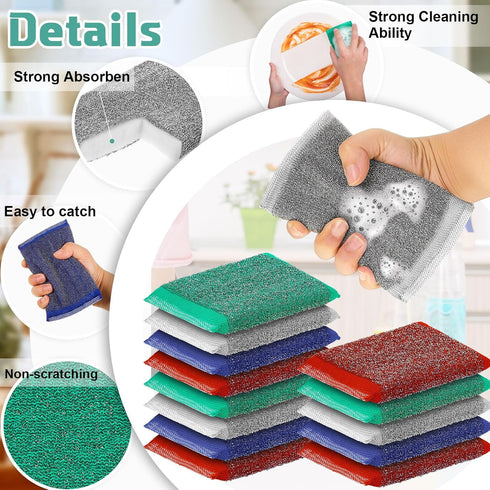 24 Pack Steel Scrub Sponges for Dishes - Heavy Duty Non-Scratch Multi-Use Kitchen Sponge for Hard Surface Cleaning
