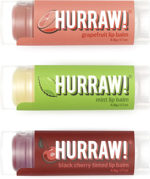 Hurraw! Grapefruit, Mint, Black Cherry Tinted Lip Balms - 3 Pack Bundle, Organic and Certified Vegan