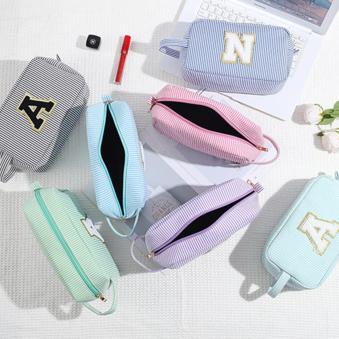 Monogram Cute Initial Blue Makeup Bag, Personalized Cosmetic Pouch for Women, Birthday Gifts for Her K