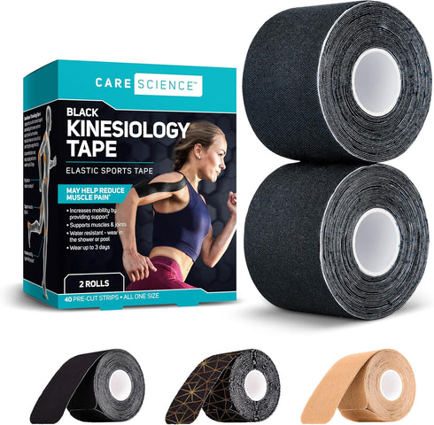 Care Science Waterproof Kinesiology Tape - 40 ct Precut Strips (2 Rolls), Black, Elastic Sports Tape