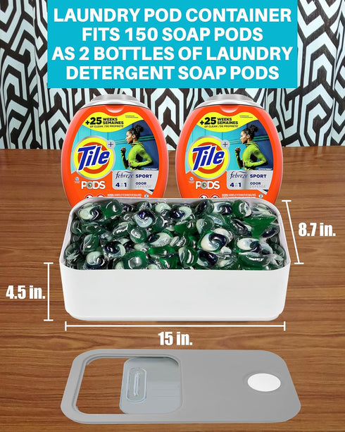 Skywin Laundry Pod Container Holder Push-Open White with Grey Lid -15”x8.7”x4.5”- Holds 11 Pounds, Fits 2 Bottles of Laundry Detergent or 120-150 Pods- Laundry & Dishwasher Pod Laundry Container by Skywin