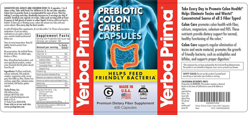 Yerba Prima Prebiotic Colon Care Capsules, 400 Caps, Five Forms of Fiber Plus FOS for Digestive Support