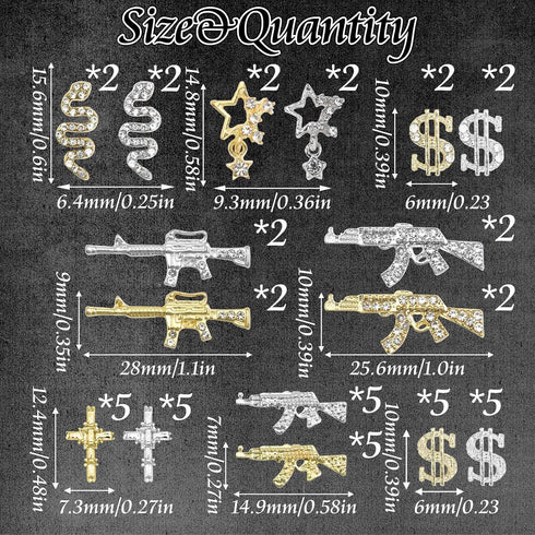RODAKY 50PCS 3D Cross Gun Nail Charms, Gold Dollar Sign Nail Art Jewelry, Multi Style Nail Gems for Manicure