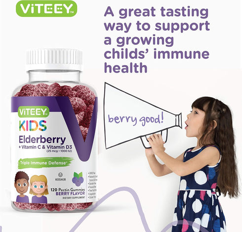 Sambucus Elderberry Gummies for Kids, 3-1 Immune Support - Vitamin D3 & C, Vegetarian, Gelatin Free, Gluten Free, GMO