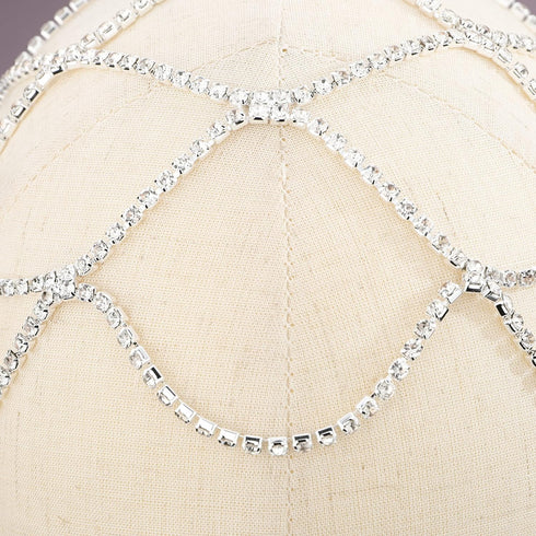 YERTTER Wedding Silver Rhinestone Mesh Chain Head Cap, Layered Tennis Chain Jewelry for Women