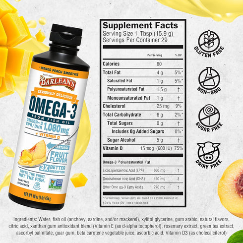 Barlean's Mango Peach Omega 3 Fish Oil Liquid Supplement, 16 oz, Smoothie Flavored