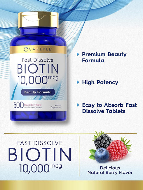 Carlyle Biotin 10000mcg | 500 Fast Dissolve Tablets | Max Strength Vegetarian, Non-GMO, Gluten Free Supplement
